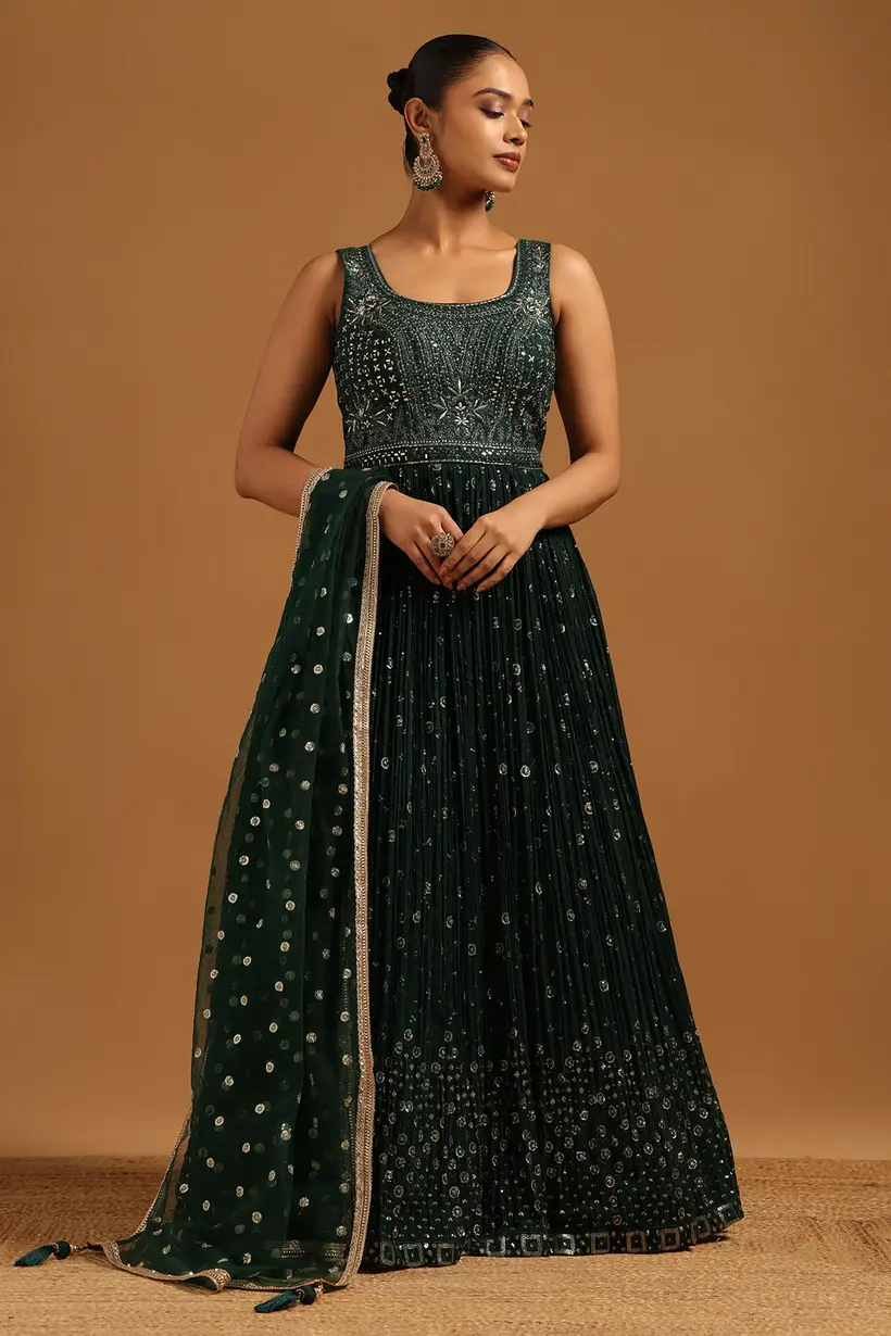 Green Georgette Floral Zari Embroidered Gown With Mirror & Stone